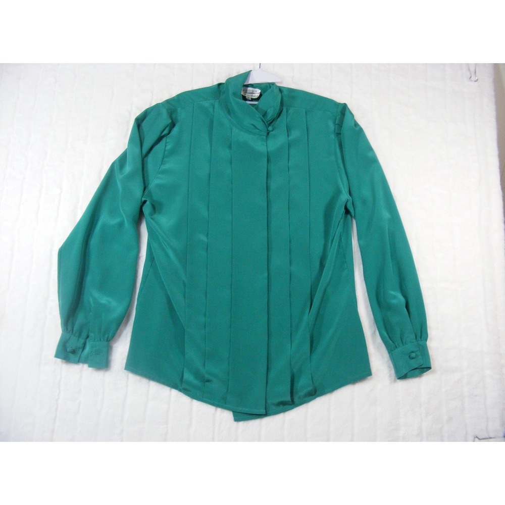 Peters & Ashley Blouse Womens 10 Teal Green Excellent Pleated High Neck Vintage